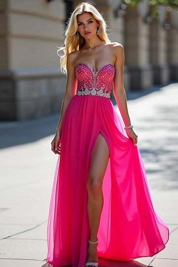 Perles fuchsia Bustier Une ligne Tulle Robe de Bal avec Fente